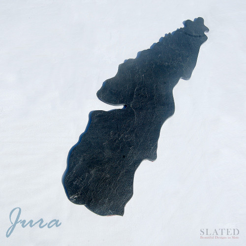 The silhouette of the Isle of Jura, made of natural slate for use as a table mat, cheese board or beautiful piece of wall art. We can customise your Jura slate and make it into a rather splendid wall clock. Please do get in touch for details and how to order.