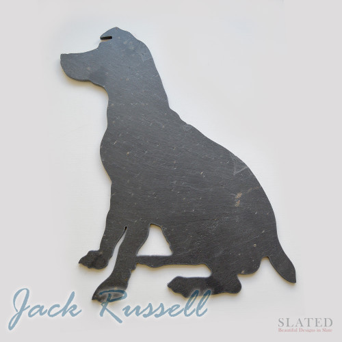 Our Jack Russell shape slate is fully backed with soft felt that protects table tops for use as a table centre piece or trivet, but is equally as stunning on the wall, using one of our easy to use wall hanging discs. See our Everything Else section for more details. 
We also make our Jack Russell shaped slate into a stylish bespoke and unique slate wall clock. These make great gifts for Jack Russell lovers.
Made in Scotland from natural stone.