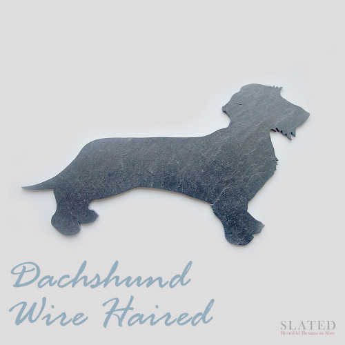 The wire haired dachshund shaped slate is made in Scotland using the finest slate and comes fully backed with soft felt to protect your table tops, for use as a stylish table centre piece or small cheese board, it can also be hung on the wall using one of our easy to use hanging discs for all to admire (see our everything Else section). 
As with all our designs, the wire haired dachshund shaped slate can be made into a beautiful bespoke slate wall clock, making a stunning and unusual gift for the discerning dachshund lover.