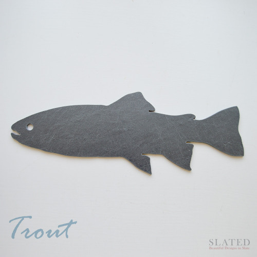 Our trout slate is made of natural stone, fully backed with soft felt to protect table tops, for use as a cheese board or serving platter, tableware or as a decoration for the home or fishing hut.
Made in Scotland, our trout slate makes a great gift for the fishing fanatic in your life.
We make our trout slate into a rather splendid slate wall clock. Please get in touch for more details. We also make other shapes to order too. we look forward to hearing from you.
International delivery available.