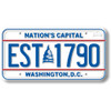 Washington, D.C. license plate magnet with “EST 1790,” U.S. Capitol dome icon, and Nation’s Capital title in red, white, and blue design. Washington, D.C. license plate magnet with “EST 1790,” U.S. Capitol dome icon, and Nation’s Capital title in red, white, and blue design.