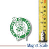 Boston Celtics logo magnet shown beside a ruler for scale, measuring 2.4" x 2.2".