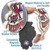 Close-up of 3D molded state magnet showing raised details, soft flexible material, and fully magnetic backside, made in the USA.