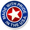Made with pride in the USA badge with red star and blue circular text.