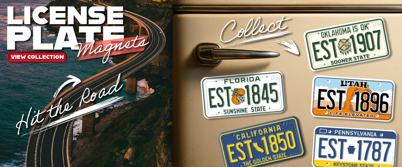 Classic Magnets License Plate collection banner showing a winding coastal highway. Beige retro refrigerator door decorated with colorful license plate magnets from Florida, Oklahoma, Utah, California, and Pennsylvania.