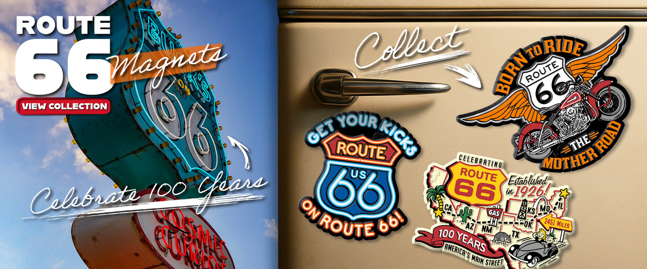 Classic Magnets Route 66 collection banner featuring a vintage neon Route 66 sign against a blue sky. Beige retro refrigerator door decorated with collectible Route 66 magnets including 'Get Your Kicks on Route 66' shield, 'Born to Ride The Mother Road' m