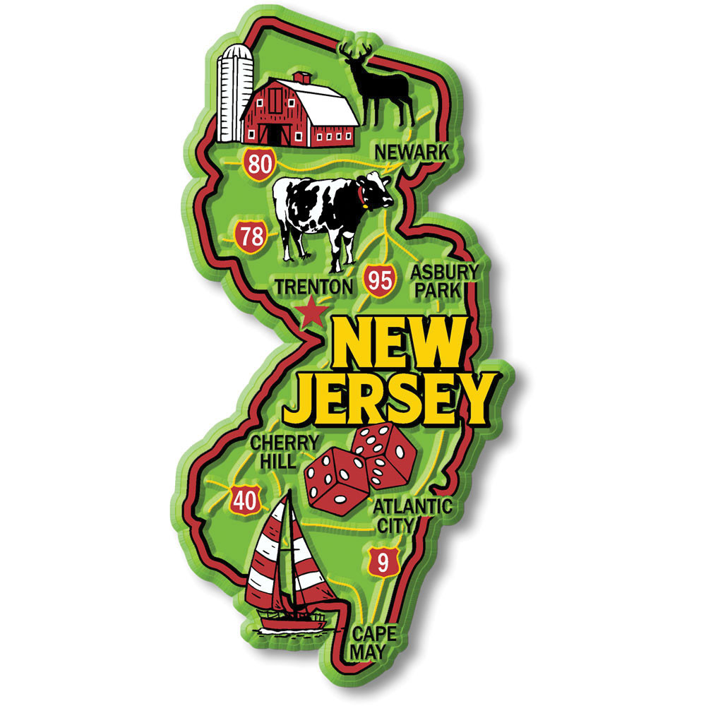 Magnete Frigorifero Souvenir New Jersey - Mappa E Luoghi Di Interesse In Resina PVC - Collezionabile World By Shotglass