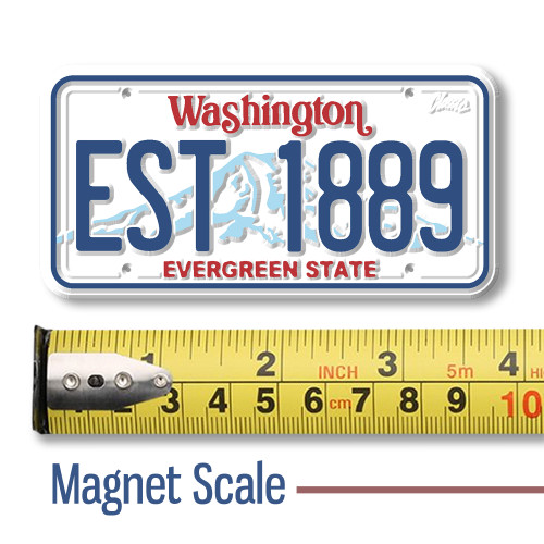 Washington License Plate Magnet displayed with a measuring tape for size reference Washington License Plate Magnet displayed with a measuring tape for size reference