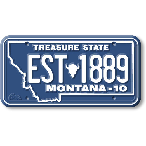 Montana License Plate Magnet featuring 'Treasure State' and EST 1889 design with a state outline and buffalo head.
