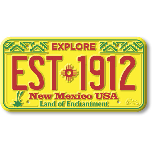 New Mexico license plate magnet with “EST 1912,” Zia sun symbol, bright yellow background, and Land of Enchantment slogan.