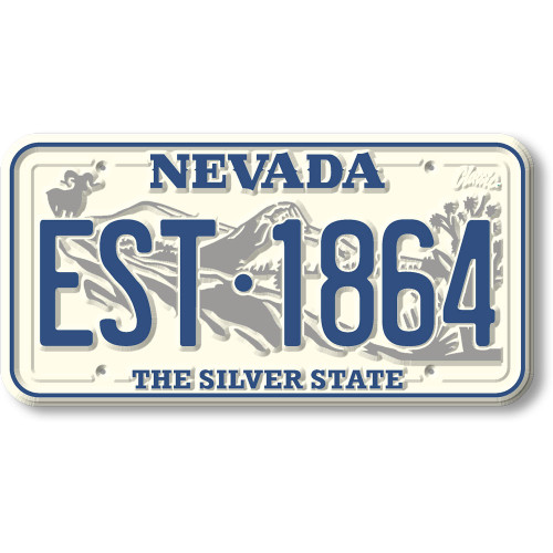 Nevada license plate magnet with “EST 1864,” mountain and desert imagery, and Silver State nickname.