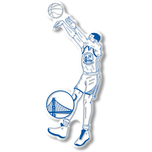 Stephen Curry Golden State Warriors magnet in shooting pose, blue and white design with Warriors bridge logo.