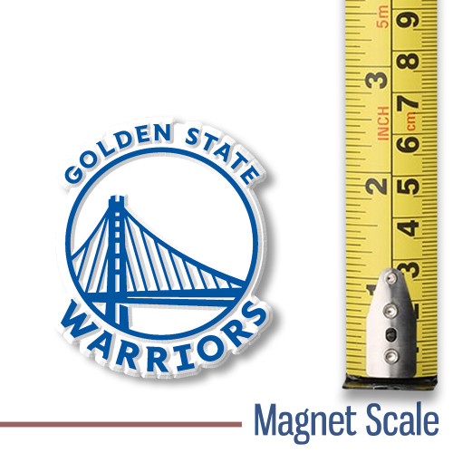 Golden State Warriors logo magnet shown next to measuring tape for size reference (2.4" x 2").