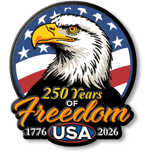 Bald eagle magnet with patriotic background celebrating 250 years of freedom in the USA.
