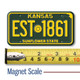 Kansas License Plate Magnet displayed with a measuring tape for size reference.