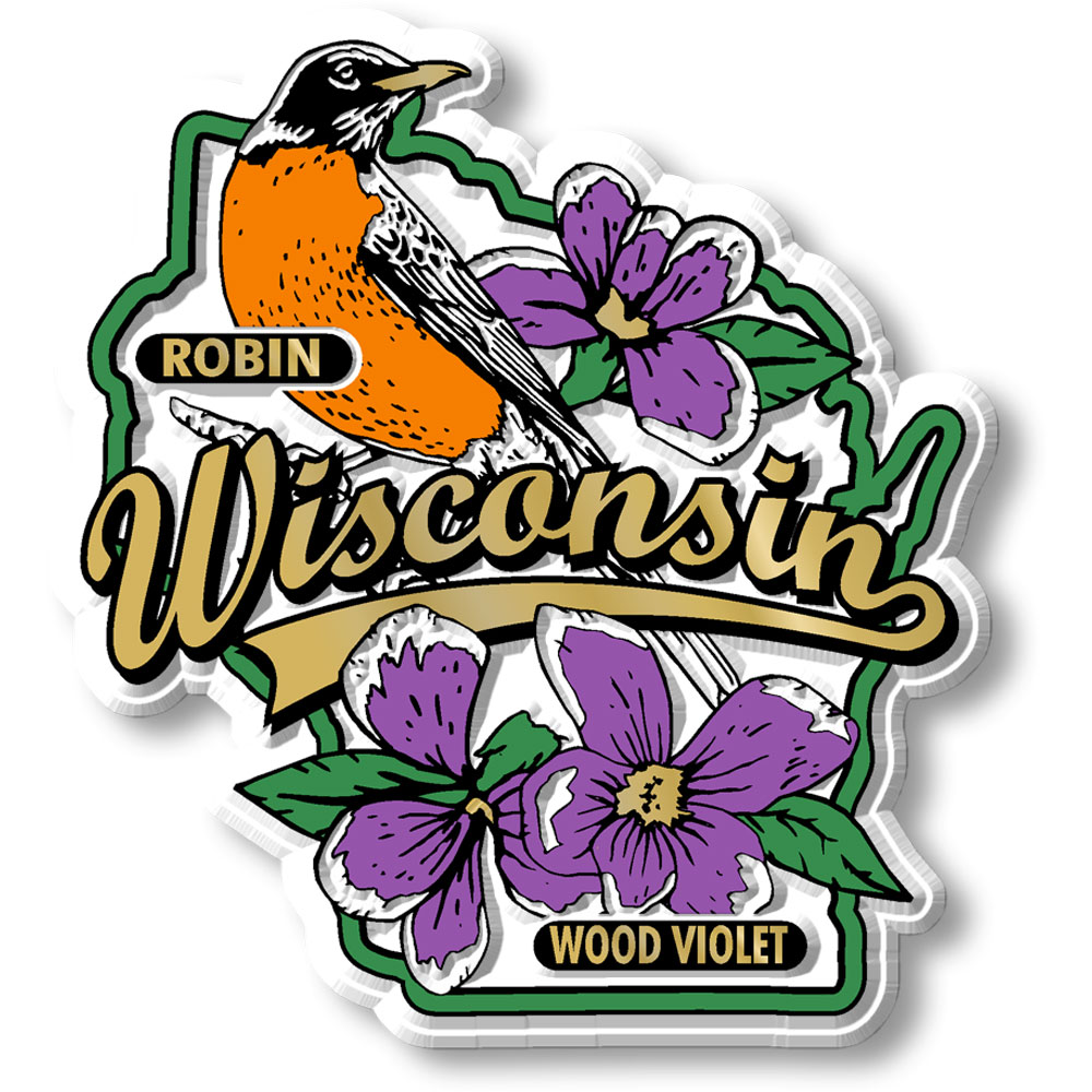 Wisconsin State Bird & Flower Map Magnet design features a