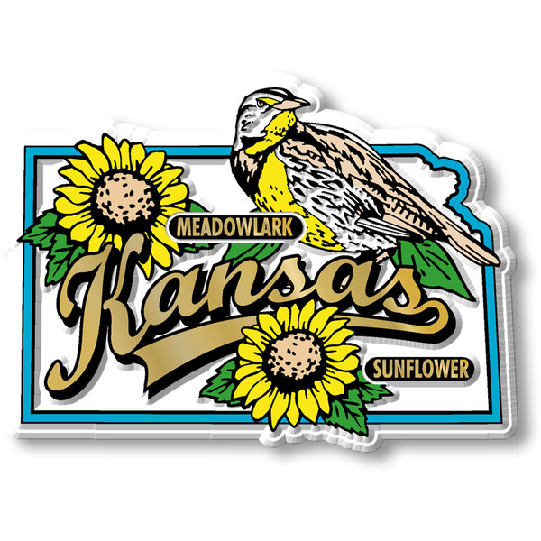 Kansas State Bird & Flower Map design features a Meadowlark