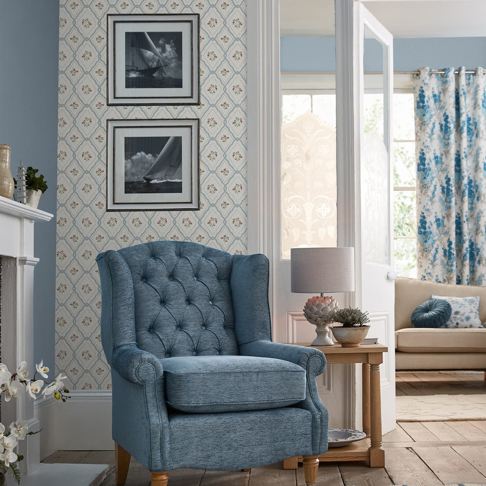 Laura Ashley Pinford Trellis Pale Seaspray Blue Wallpaper