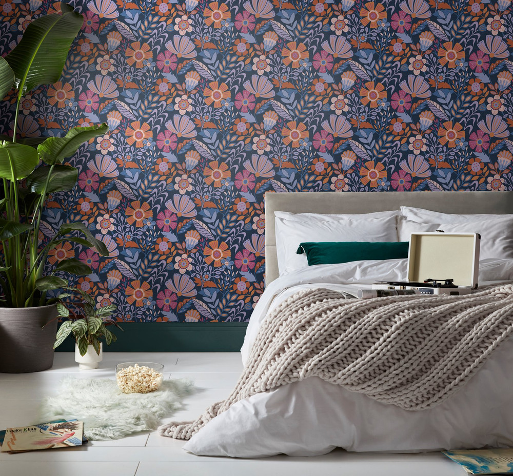 Oopsy Daisy Blue Lilac Tangerine Wallpaper