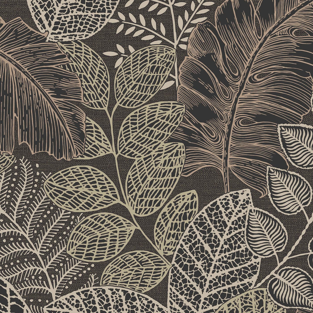 Scattered Leaves Charcoal And Gold Wallpaper