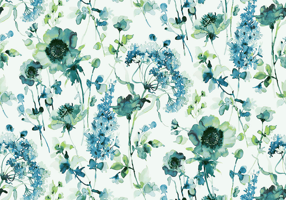 Watercolour Floral Blue and Green Bespoke Mural