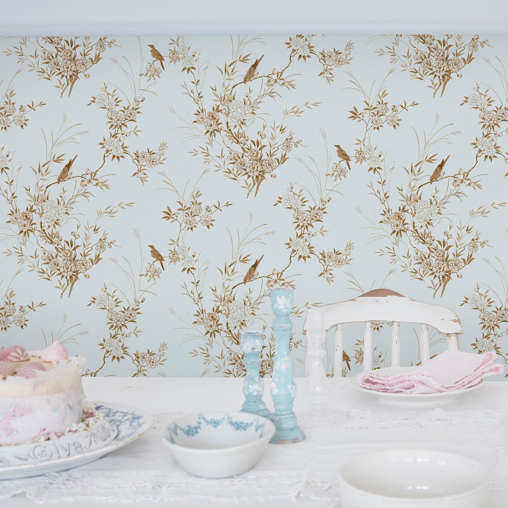 Bird Chinoiserie Blue and Gold Wallpaper