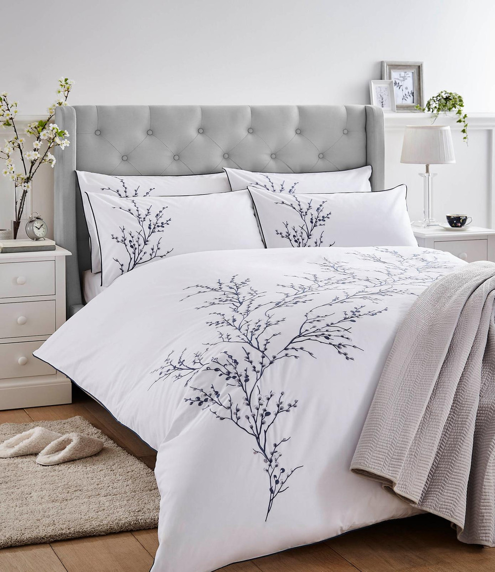 Pussy Willow Sprig Embroidered Midnight Duvet Cover Set