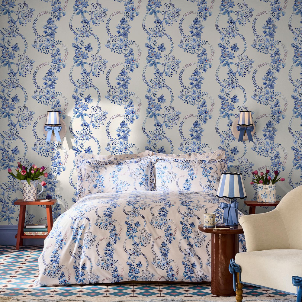 Cath Kidston Road Floral Blue & White Wallpaper