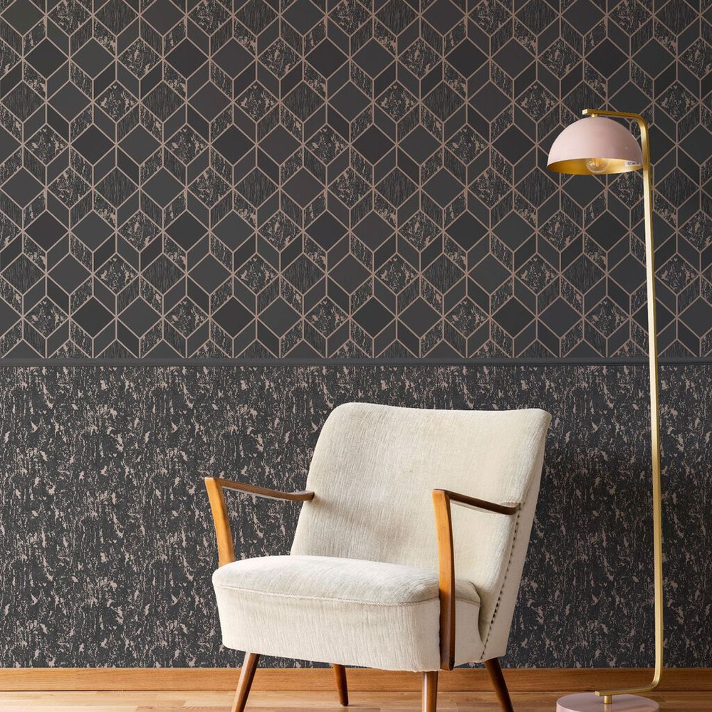 milan charcoal & rose gold textured plain wallpaper