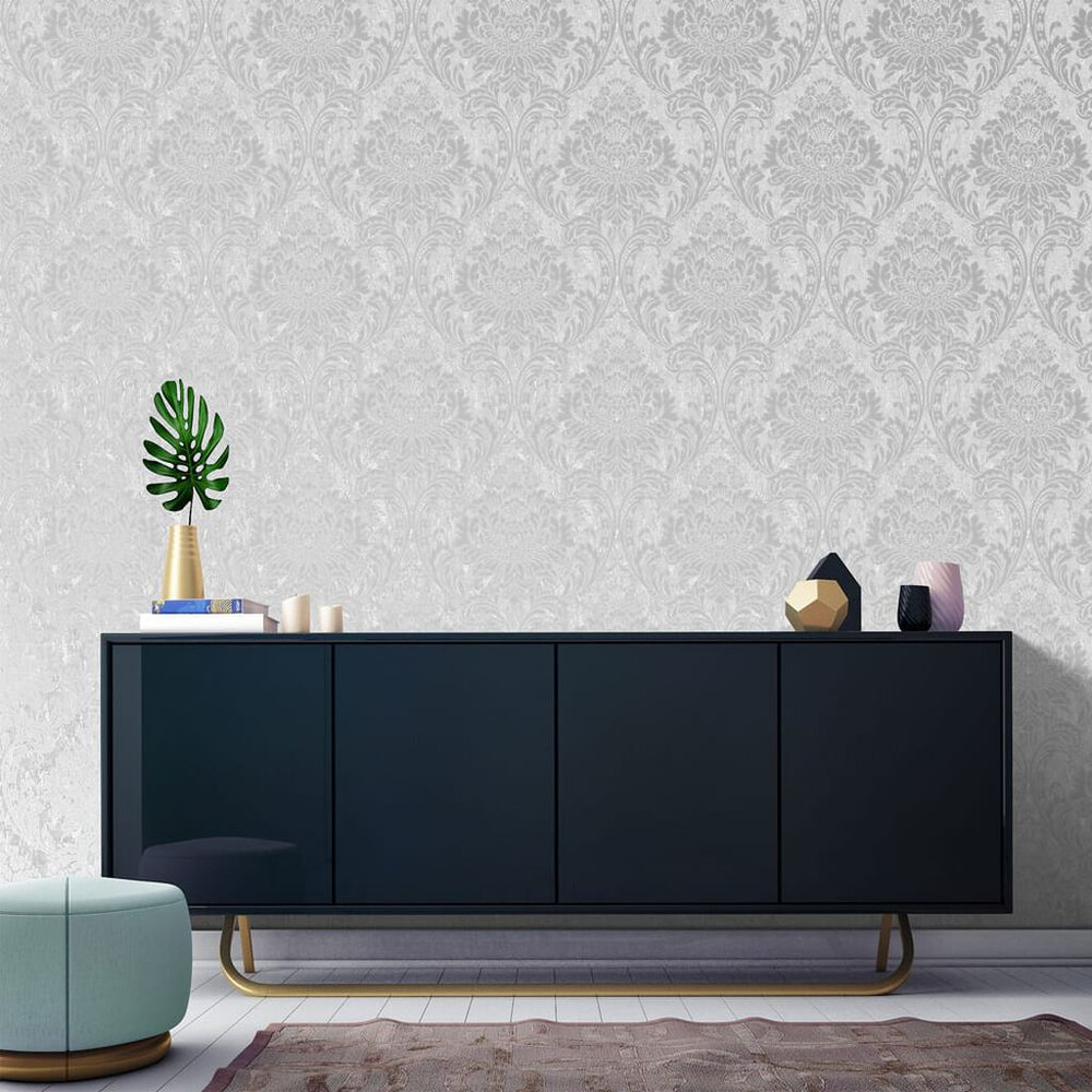 milan damask silver wallpaper