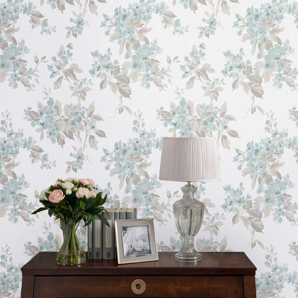 Laura Ashley Apple Blossom Duck Egg Wallpaper