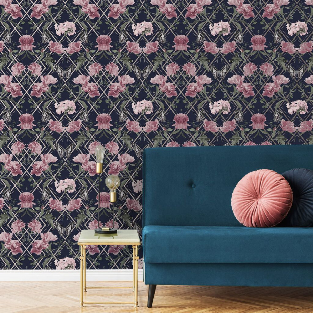 botanical trellis navy pink wallpaper