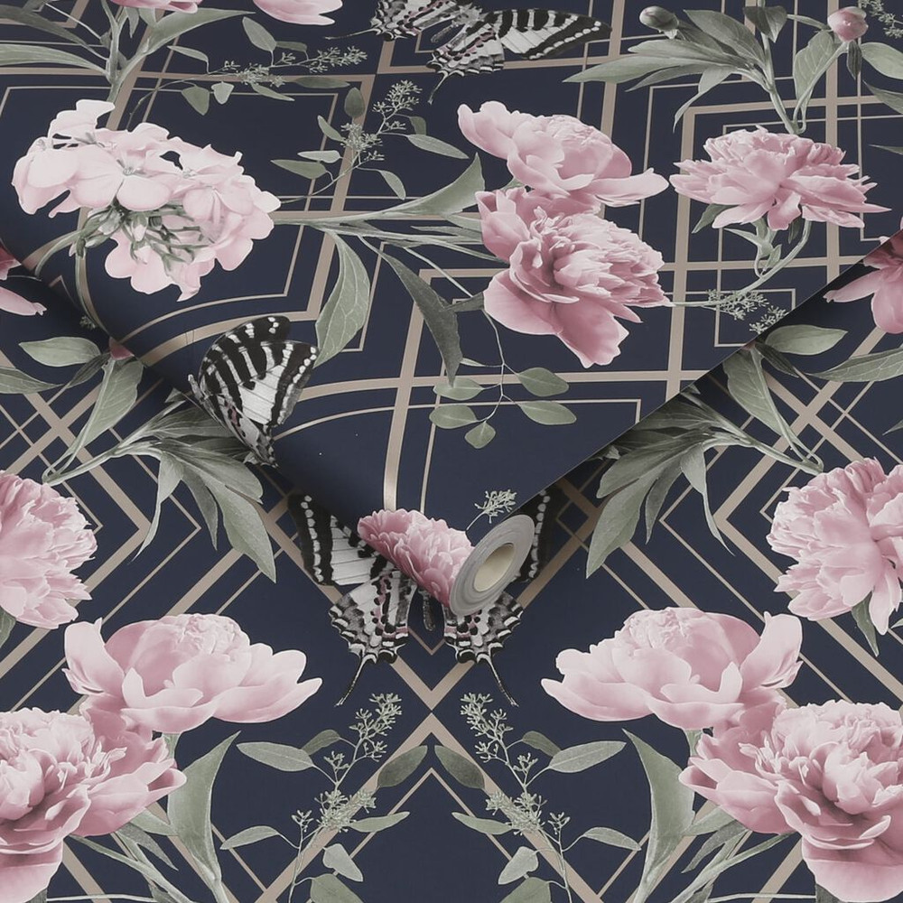 Botanical Trellis Navy Pink Wallpaper