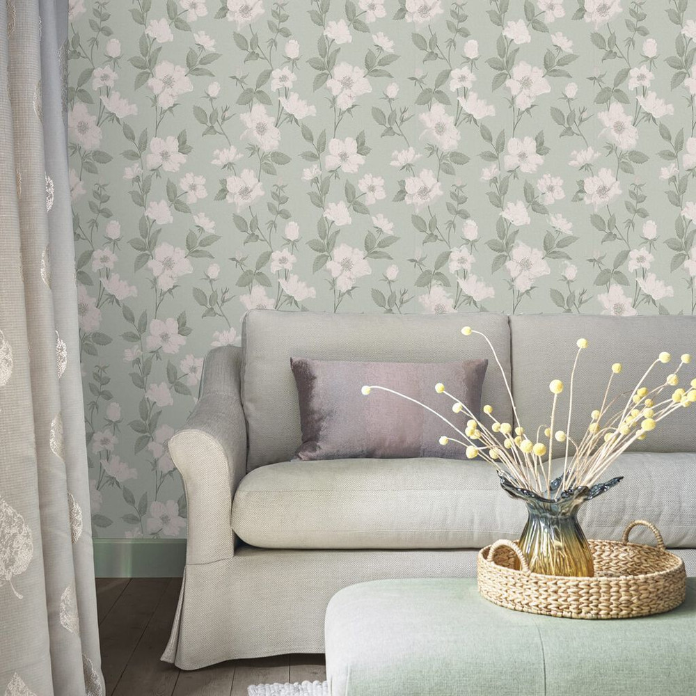 Laura Ashley Fleurir Smoke Green Wallpaper