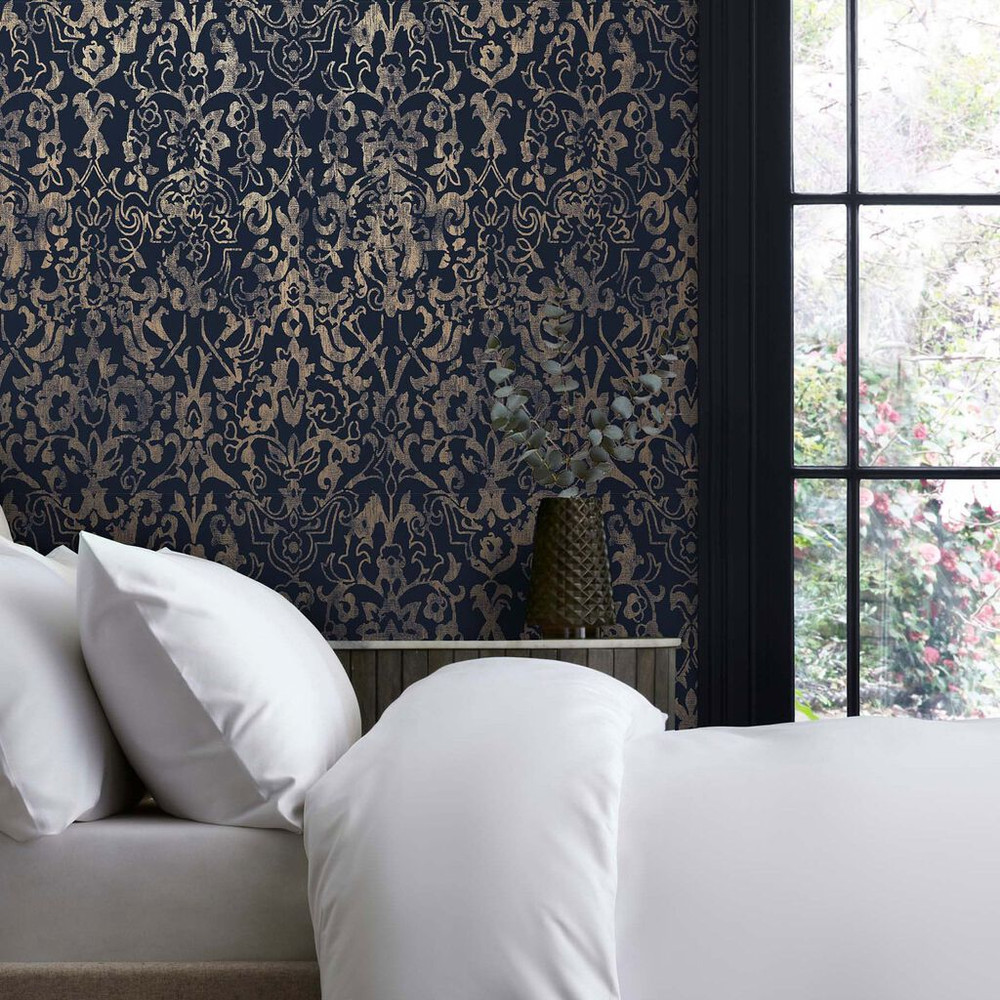 Next Majestic Damask Navy Wallpaper