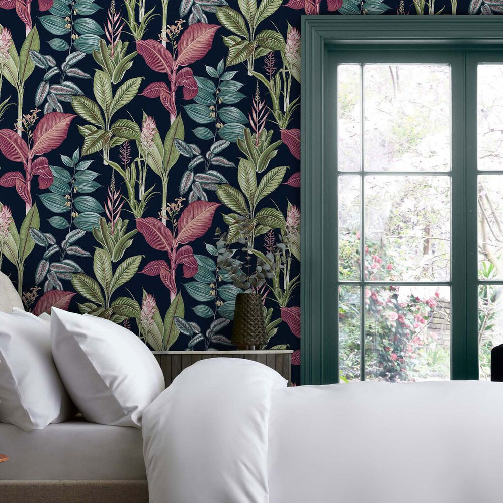 Next Fantasy Rainforest Leaves Navy Wallpaper