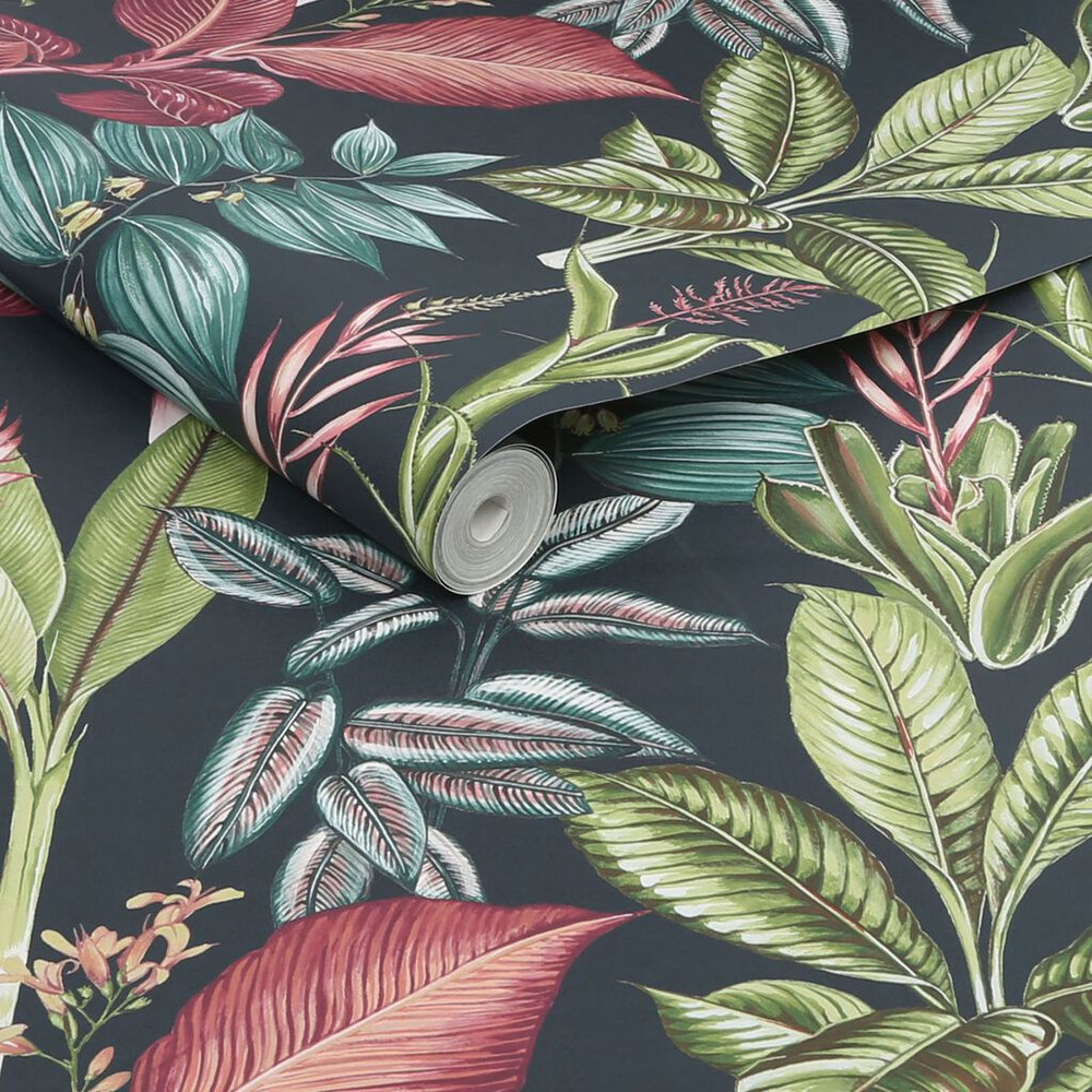 Next Fantasy Rainforest Leaves Navy Wallpaper