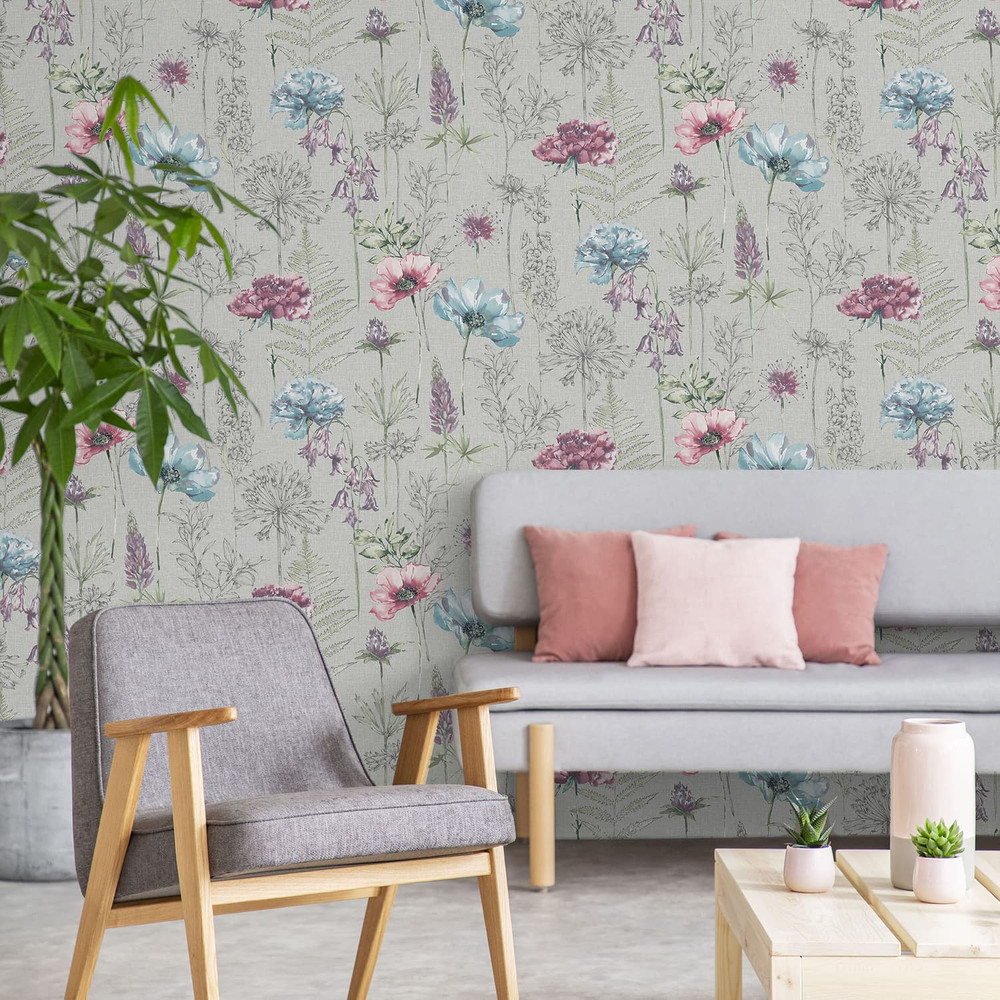 Floral Sketch Grey Wallpaper