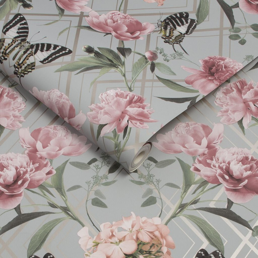 botanical trellis grey pink wallpaper