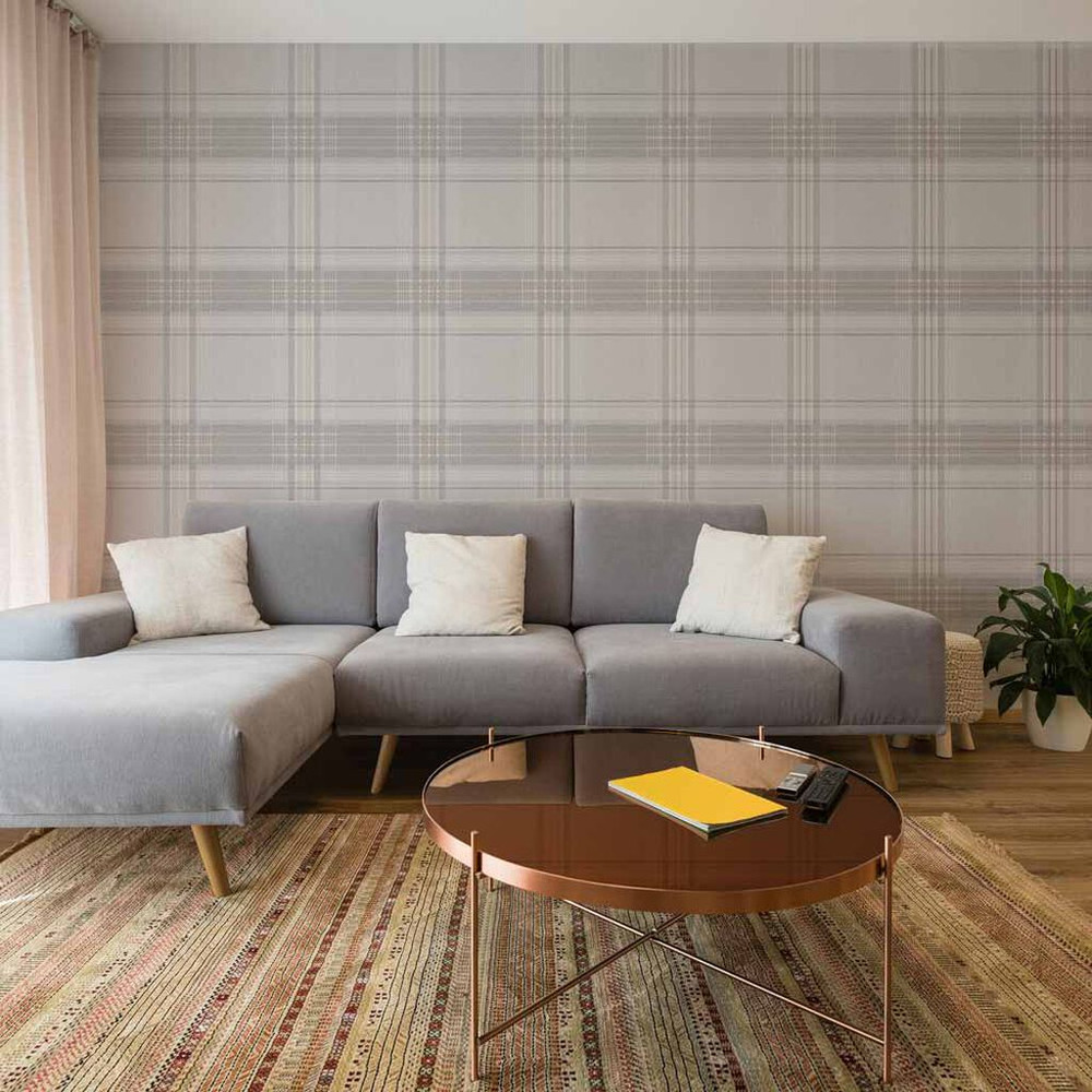 Rhea Plaid Gray & Rose Gold Wallpaper