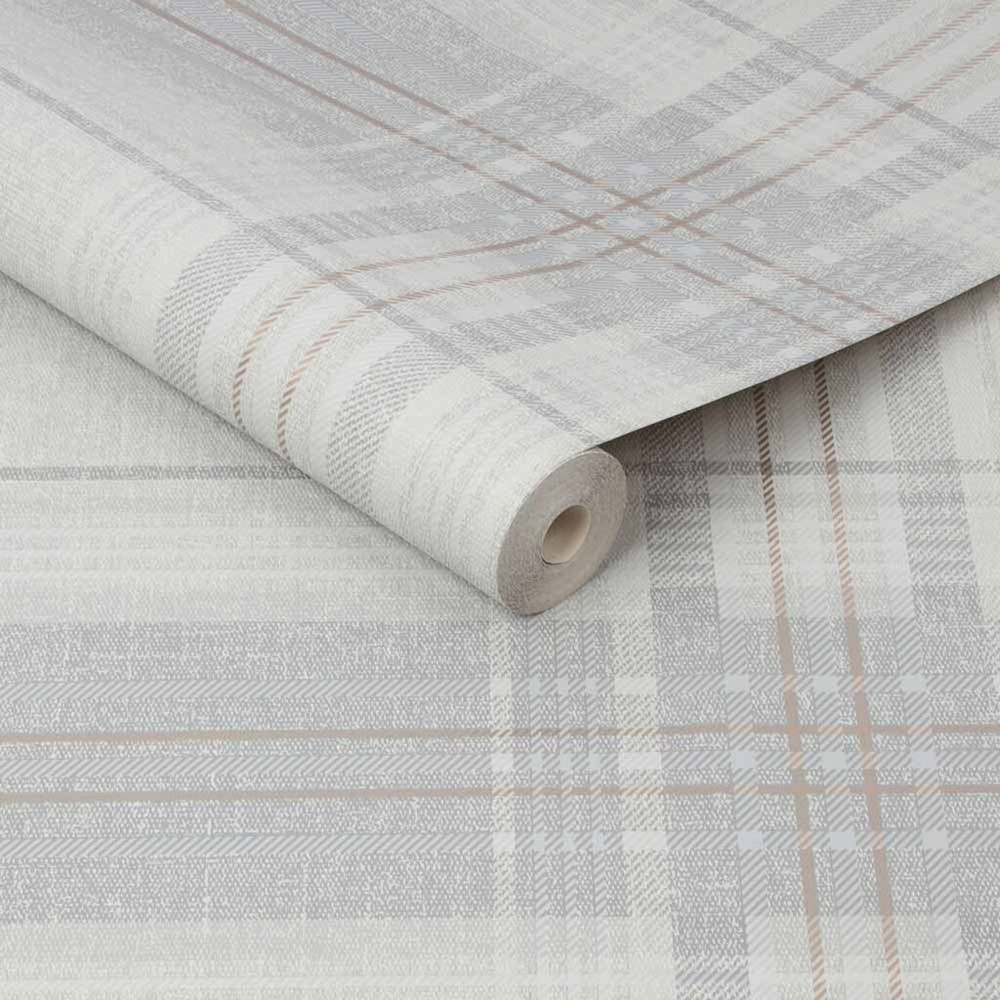 Rhea Plaid Gray & Rose Gold Wallpaper