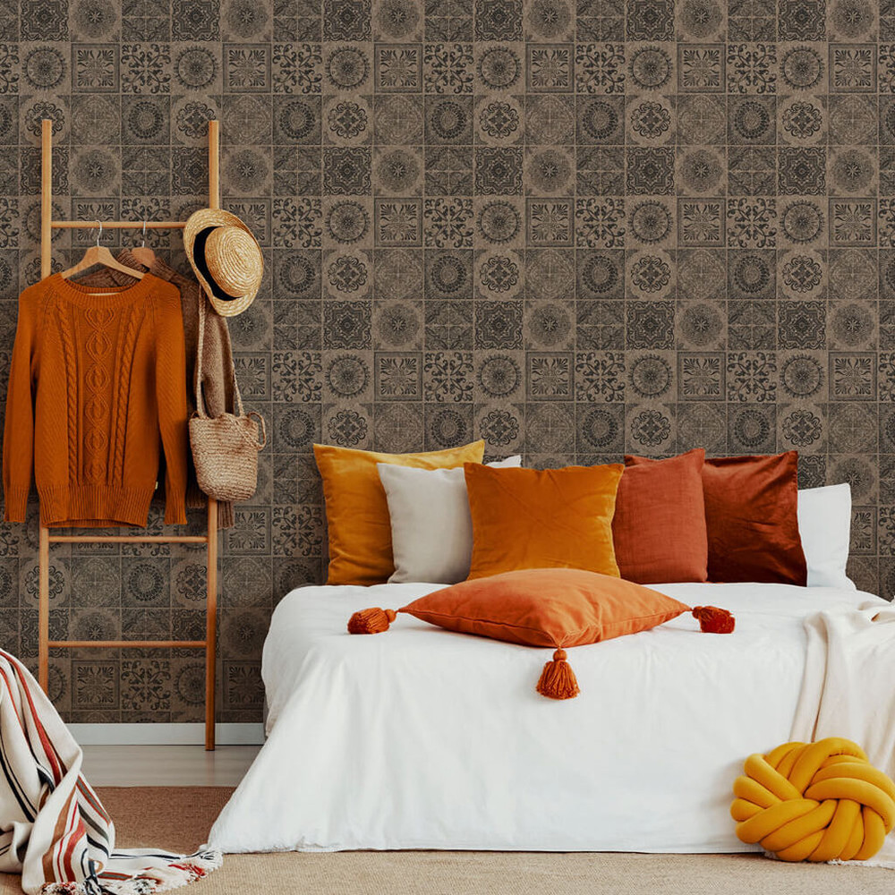 Cork Medallion Black & Beige Wallpaper