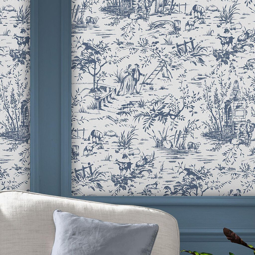 laura ashley toile de jouy dark seaspray blue wallpaper