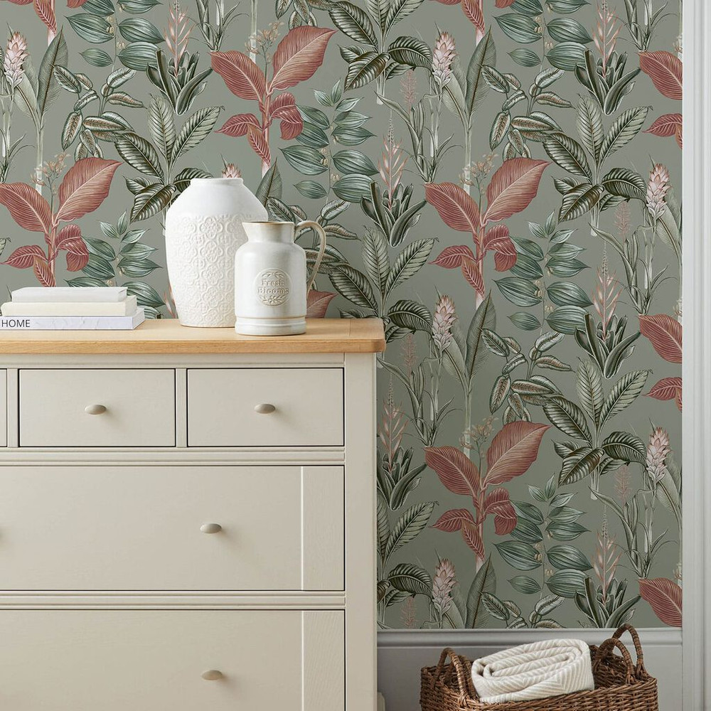 Next Rainforest Leaves Sage Wallpaper