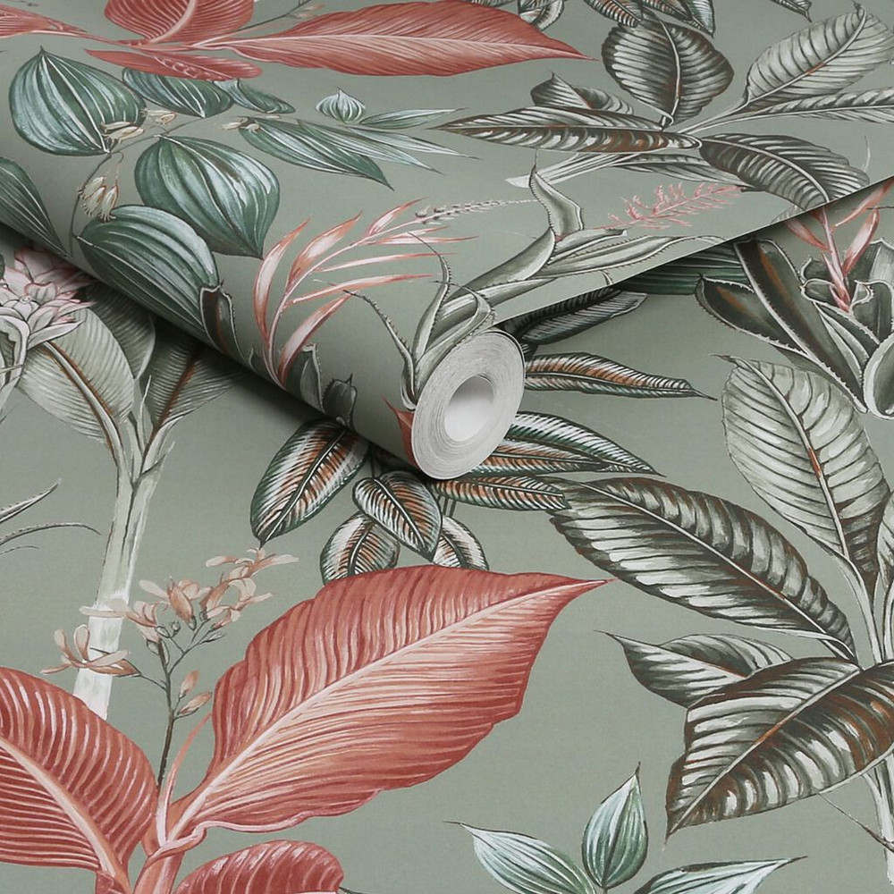 Next Rainforest Leaves Sage Wallpaper