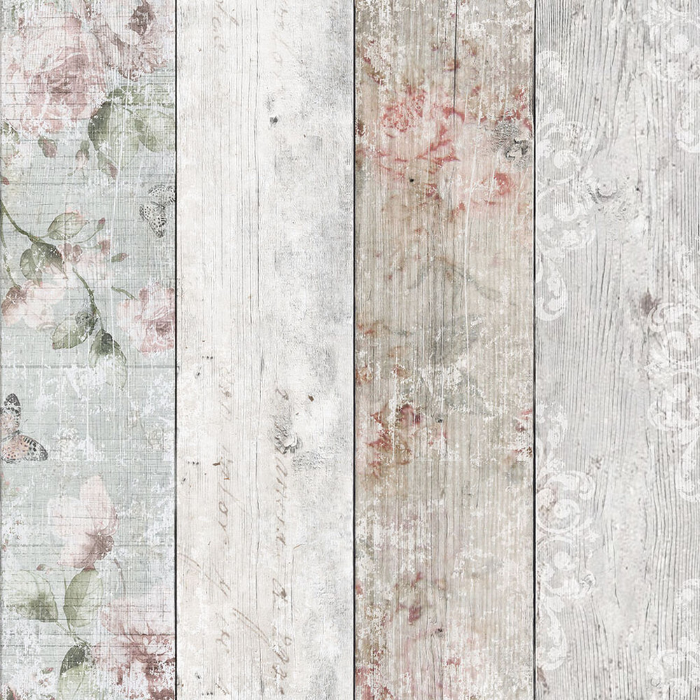 Distressed Wood Floral Wallpaper