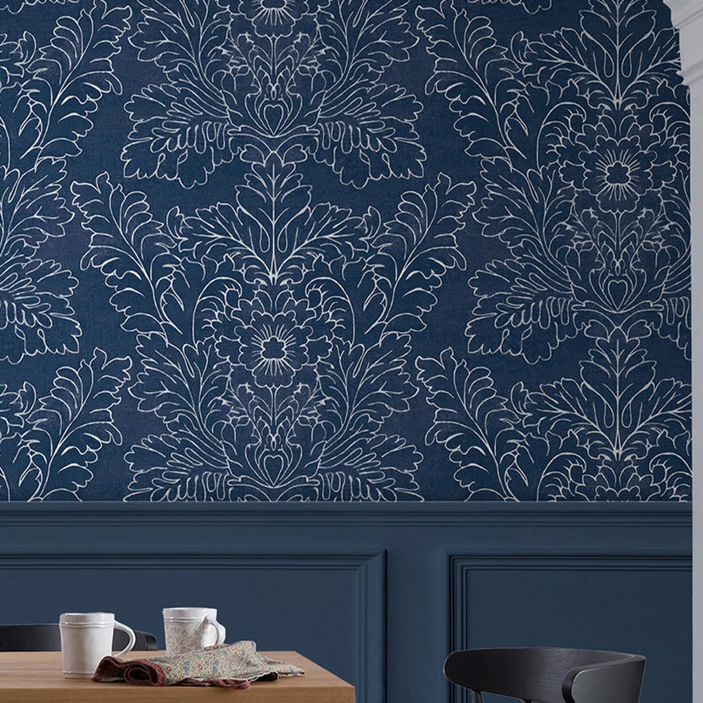 Laura Ashley Silchester Midnight Seaspray Blue Wallpaper