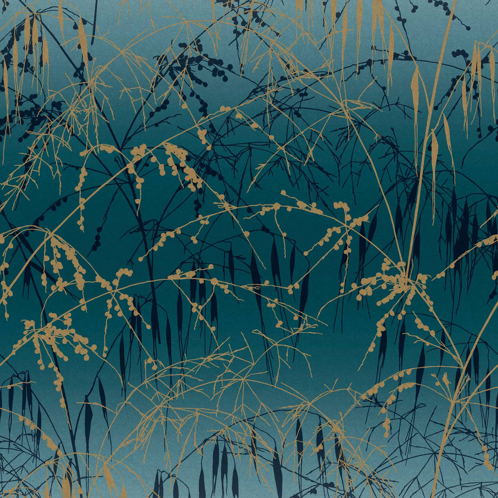 Meadow Grass Teal & Soft Gold Wallpaper by Clarissa Hulse