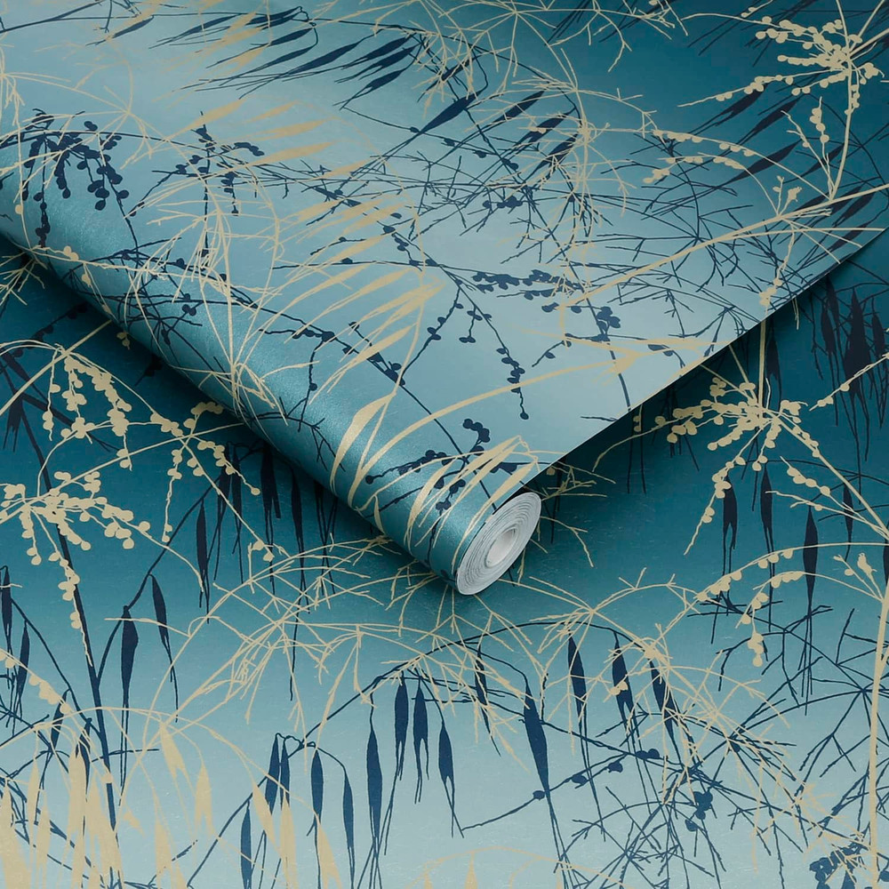 Meadow Grass Teal and Soft Gold Wallpaper
