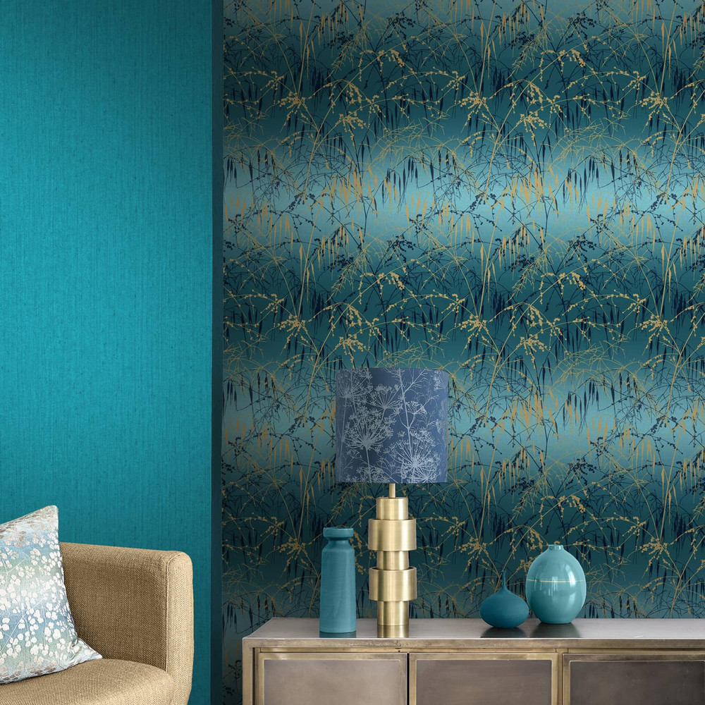 Meadow Grass Teal and Soft Gold Wallpaper